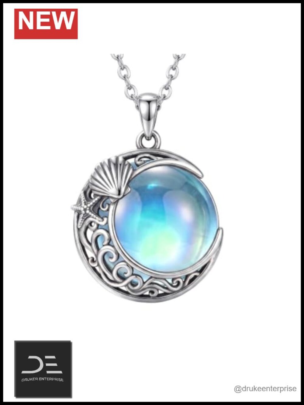 PROESS 925 Sterling Silver Moonstone Pendant Necklace Seashell Moon Shaped